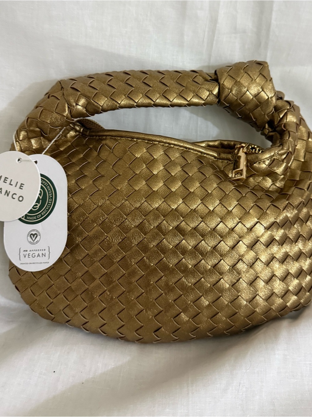 Melie Bianco Woven Metallic Gold Knot-Handle Clutch
